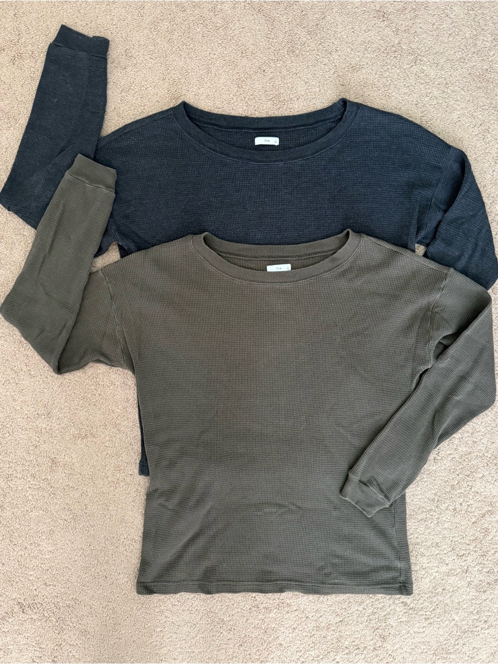 TNA Aritzia Long-Sleeve Waffle Knit Tops - Black & Olive Lot of 2